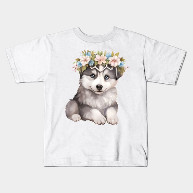 Watercolor Siberian Husky Dog with Head Wreath Kids T-Shirt by Chromatic Fusion Studio